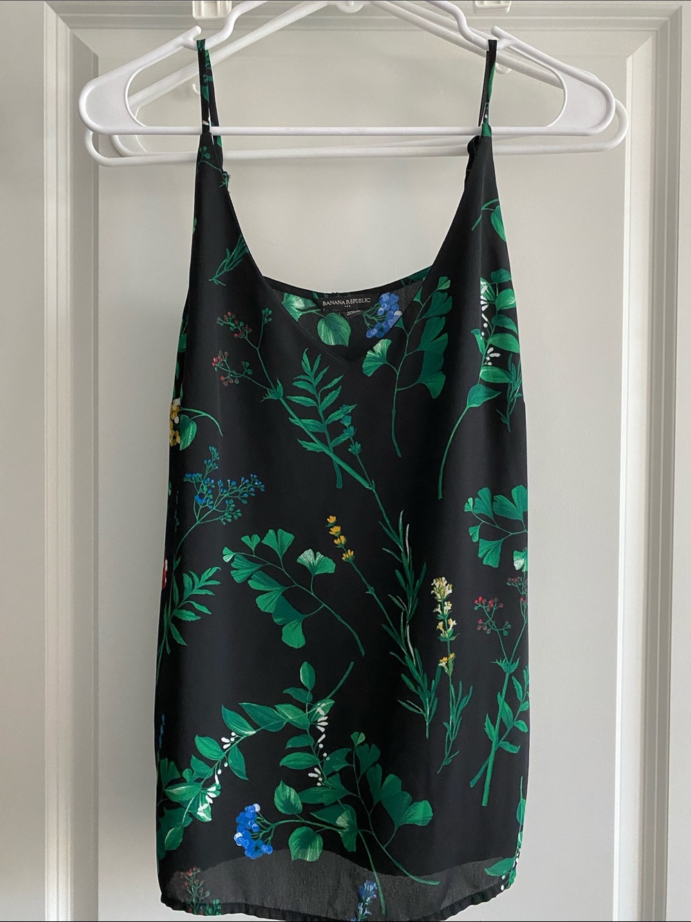 Banana Republic Black Floral Slip Tank with Green Botanical Print